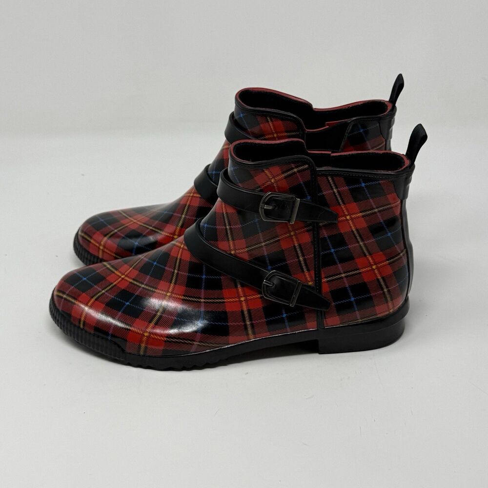 Cougar Royale Rubber Boots Womens 8 Red Black Tartan Plaid Rain Ankle Bootie - Picture 4 of 15